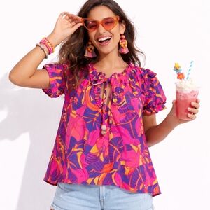 Rose+Olive Monkey Tropical pink Print Ruffle Peasant Top Small